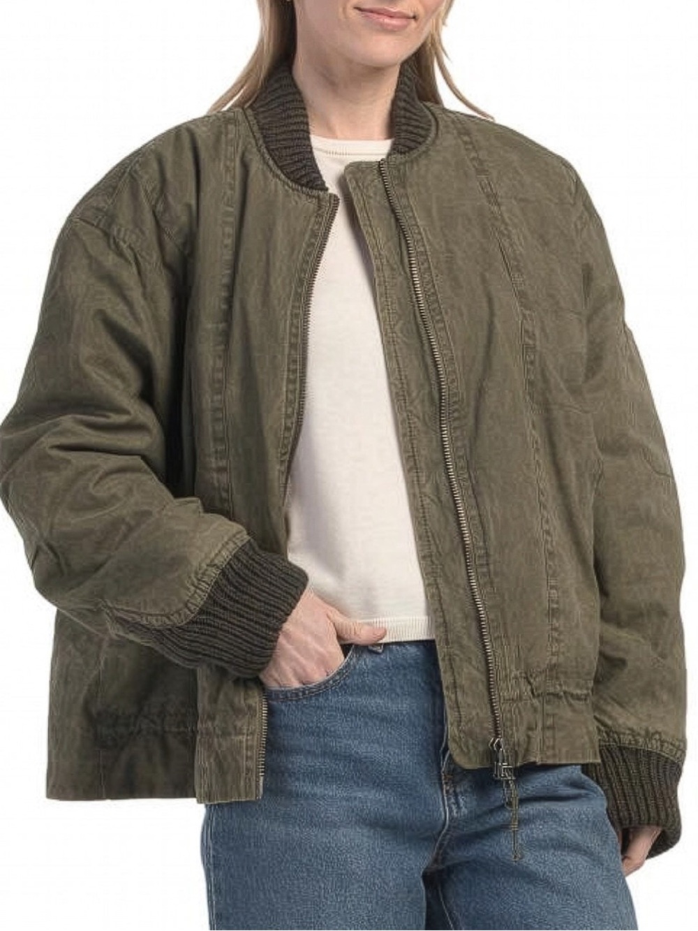 We The Free // Olive Bomber Oversized Jacket with Ribbed Trim